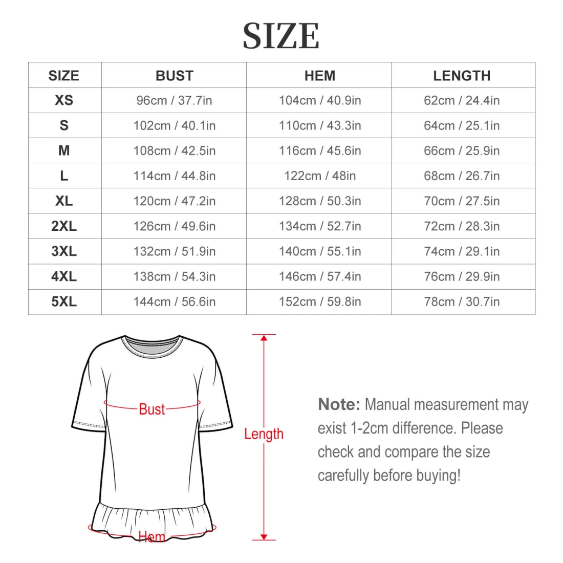Personalized Ruffle Hem T Shirt for Women, Your Own Design size chart