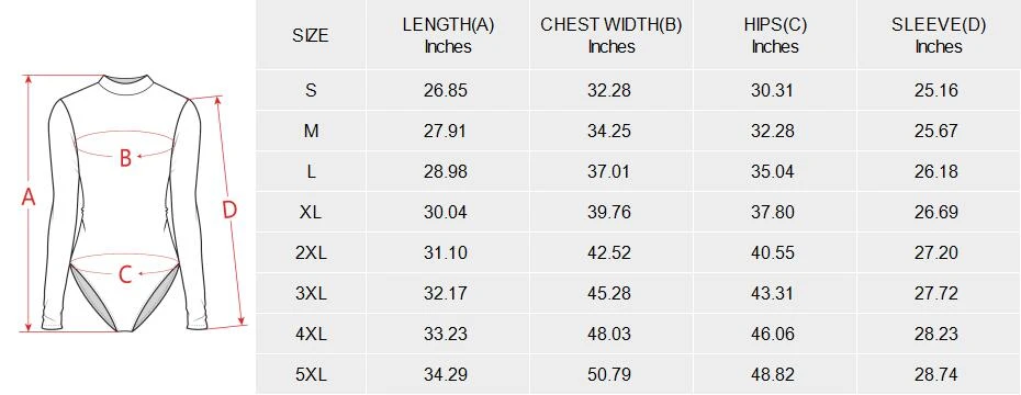 Personalized One Piece Swimsuits: Backless Long Sleeve Style size chart