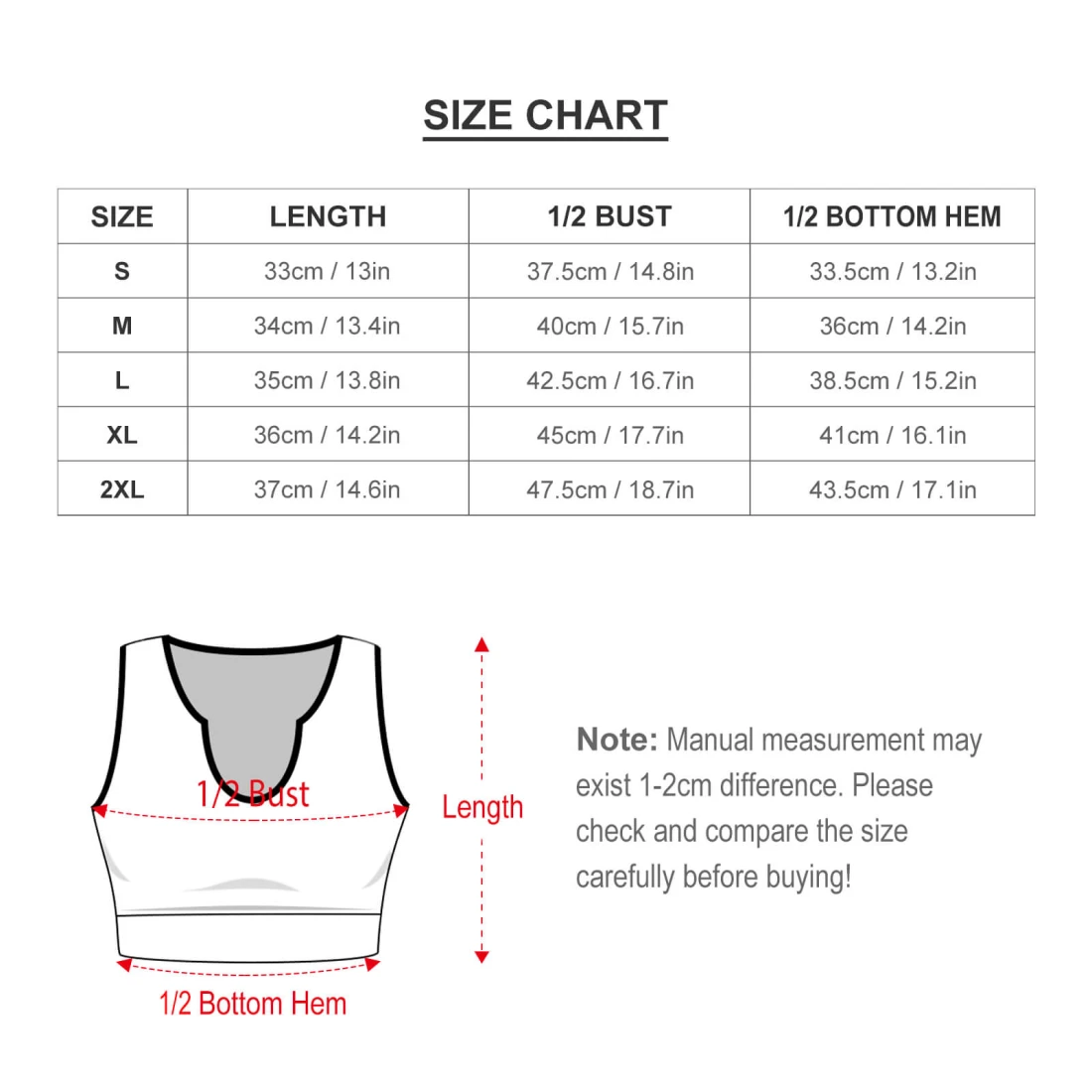 Personalized Yoga Top with Your Custom Design size chart