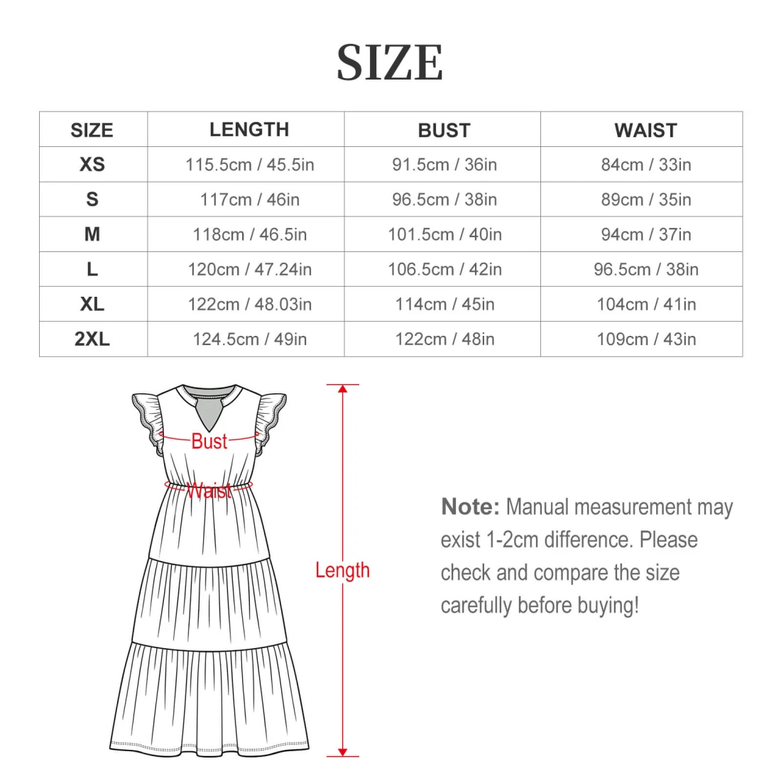 Personalized Ruffle Sleeve Dress for Women, Tiered Midi size chart