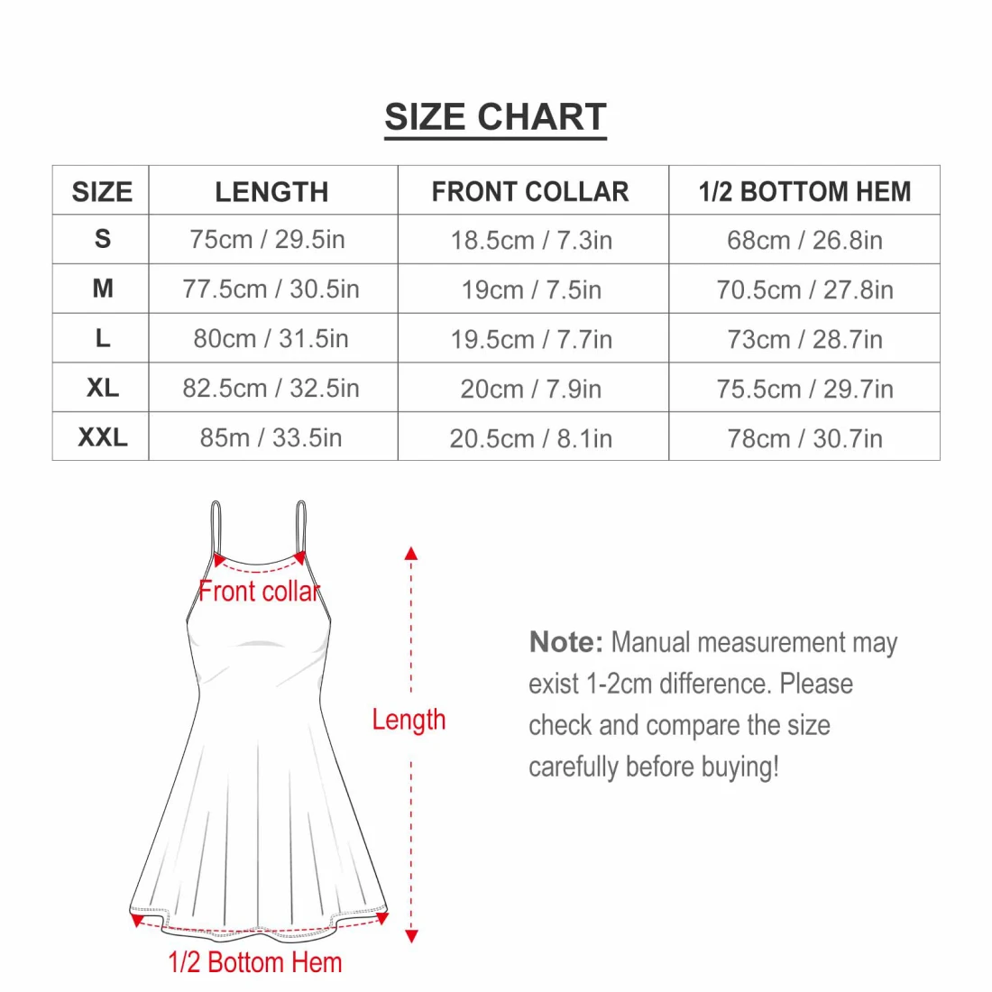 Personalized Sling Dress for Women with Your Custom Design size chart