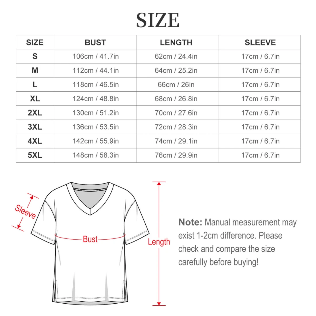 Personalized Pajama Sets for Women with Custom Design size chart