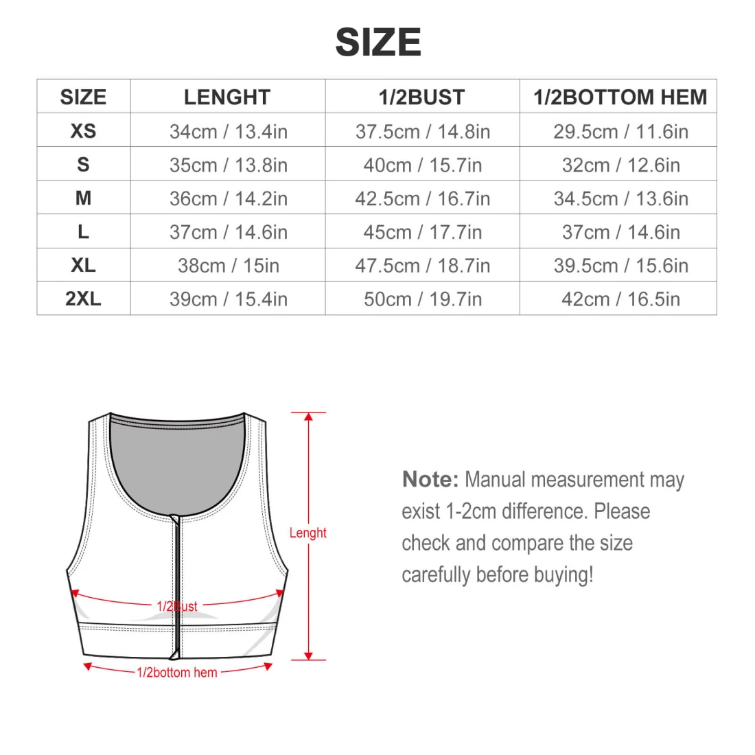 Yoga Zipper Vest with Removable Bra Pads and Custom Design size chart