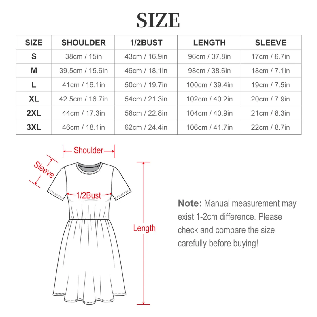 Personalized Short Sleeve Dress for Women with Your Own Design size chart