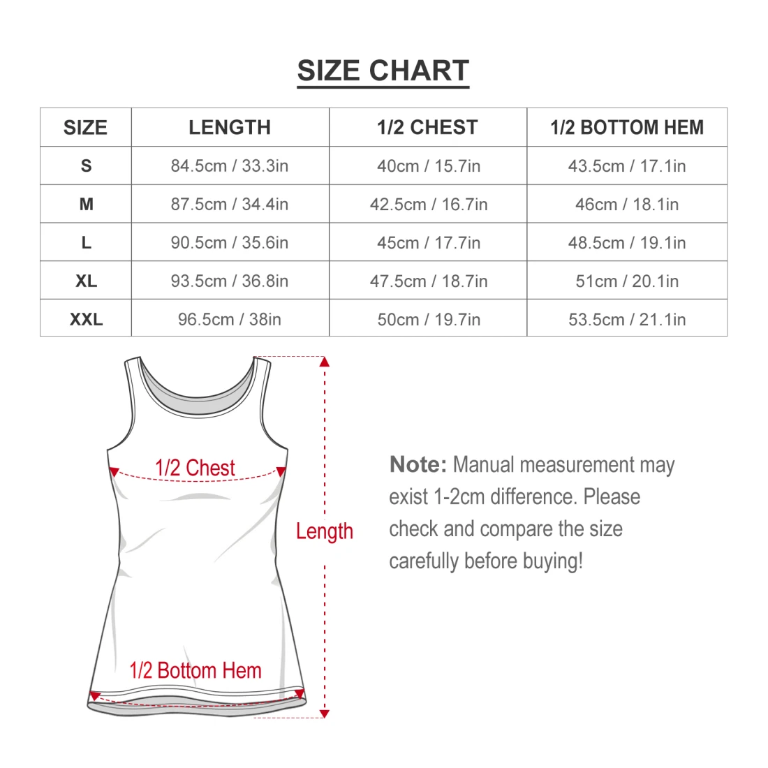 Personalized Sleeveless Tank Dress With Your Own Design size chart