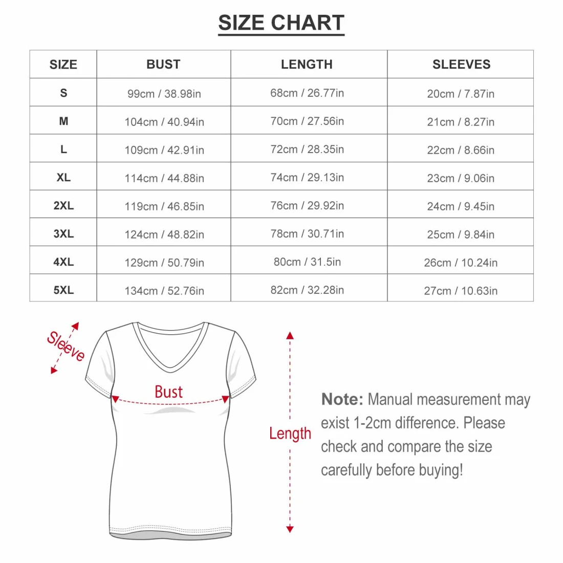 Personalized Shirt for Her: Custom Women's V-Neck T-Shirt size chart