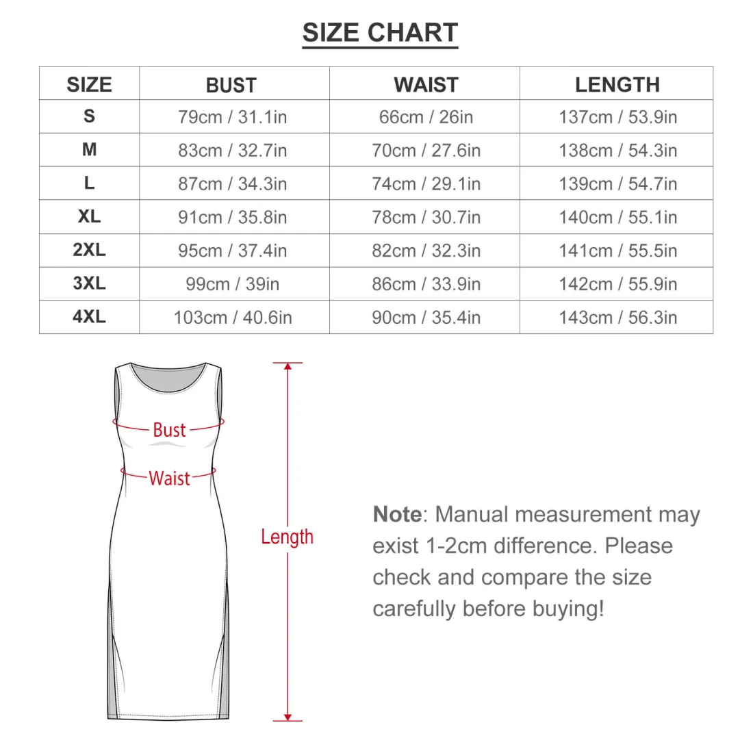 Personalized Dresses: Sleeveless Bodycon Side Slit Long Dress size chart