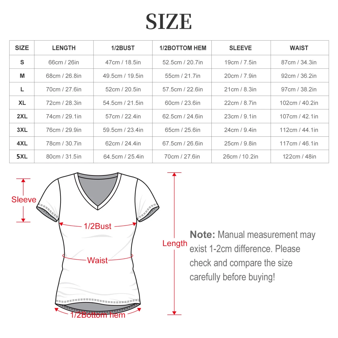 personalized v neck shirt for her, made to order size chart