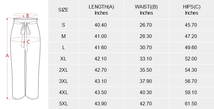 Wide Leg Pants with Belt, Custom All Over Print for Women size chart