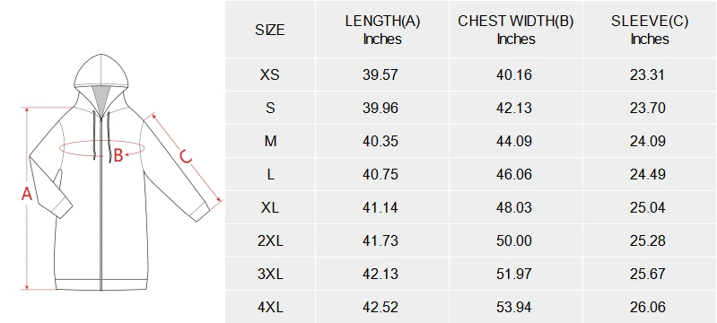 Personalized Long Hooded Coat for Women With Your Design size chart