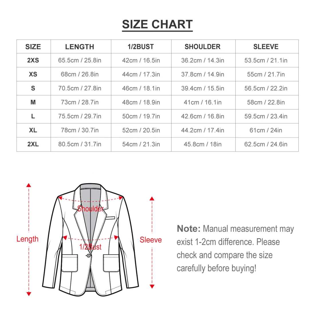 Personalized Blazers: All Over Print Women's Blazer size chart