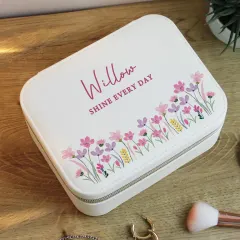 Personalised Floral Travel Jewellery Box, Custom Name Engraved Case, Compact Organiser Gift thumbnail 1