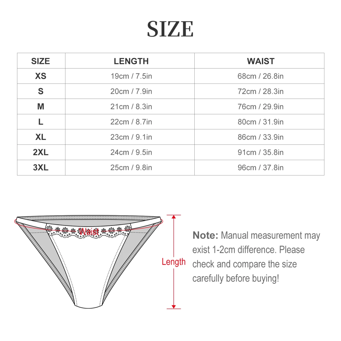 Personalized Lace Trim Thong for Women With Your Own Design size chart