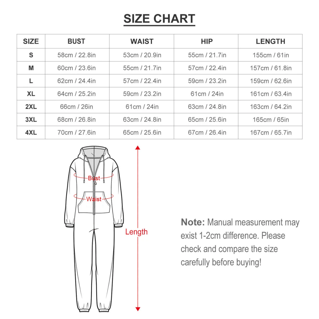 Personalized Jumpsuit: Zip-Up Hooded Loungewear for Women size chart