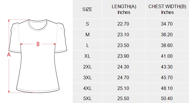 Personalized Puff Sleeve T, Custom Design All-Over Print for Women size chart