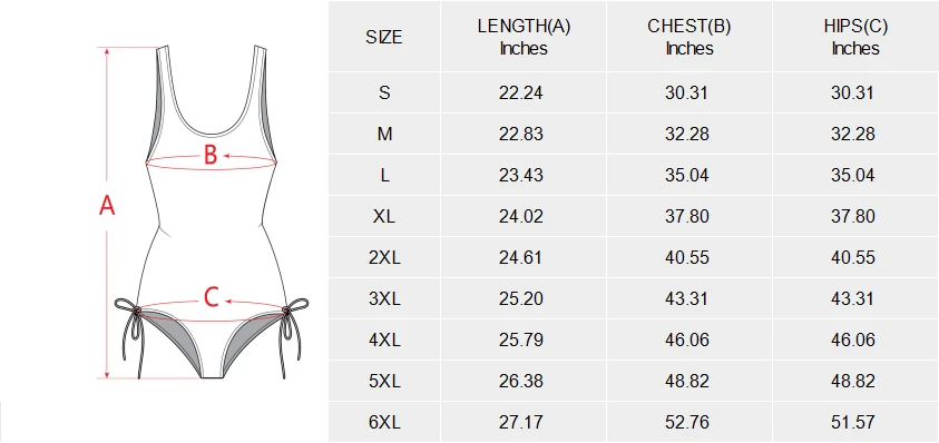 Personalized One Piece Swimsuits with Drawstring Side size chart