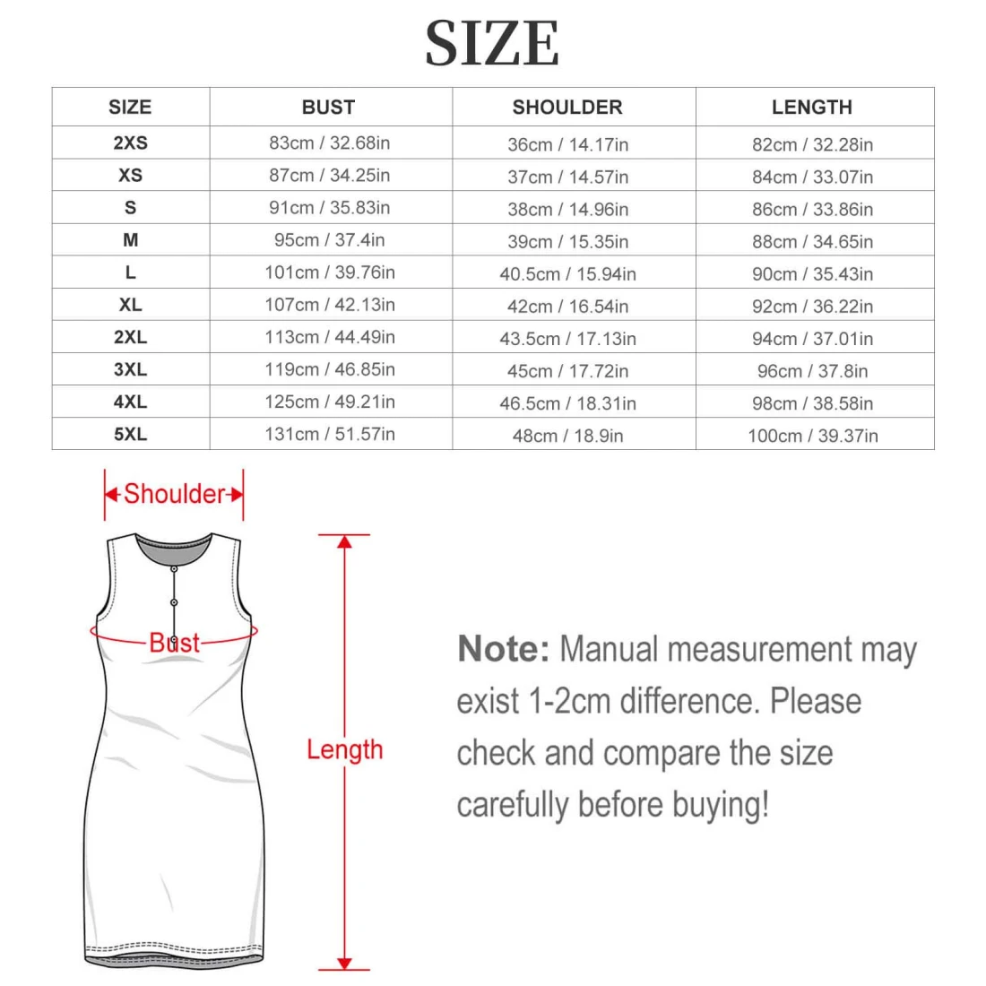 Personalized Sleeveless Pocket Dress for Women With Front Pockets size chart