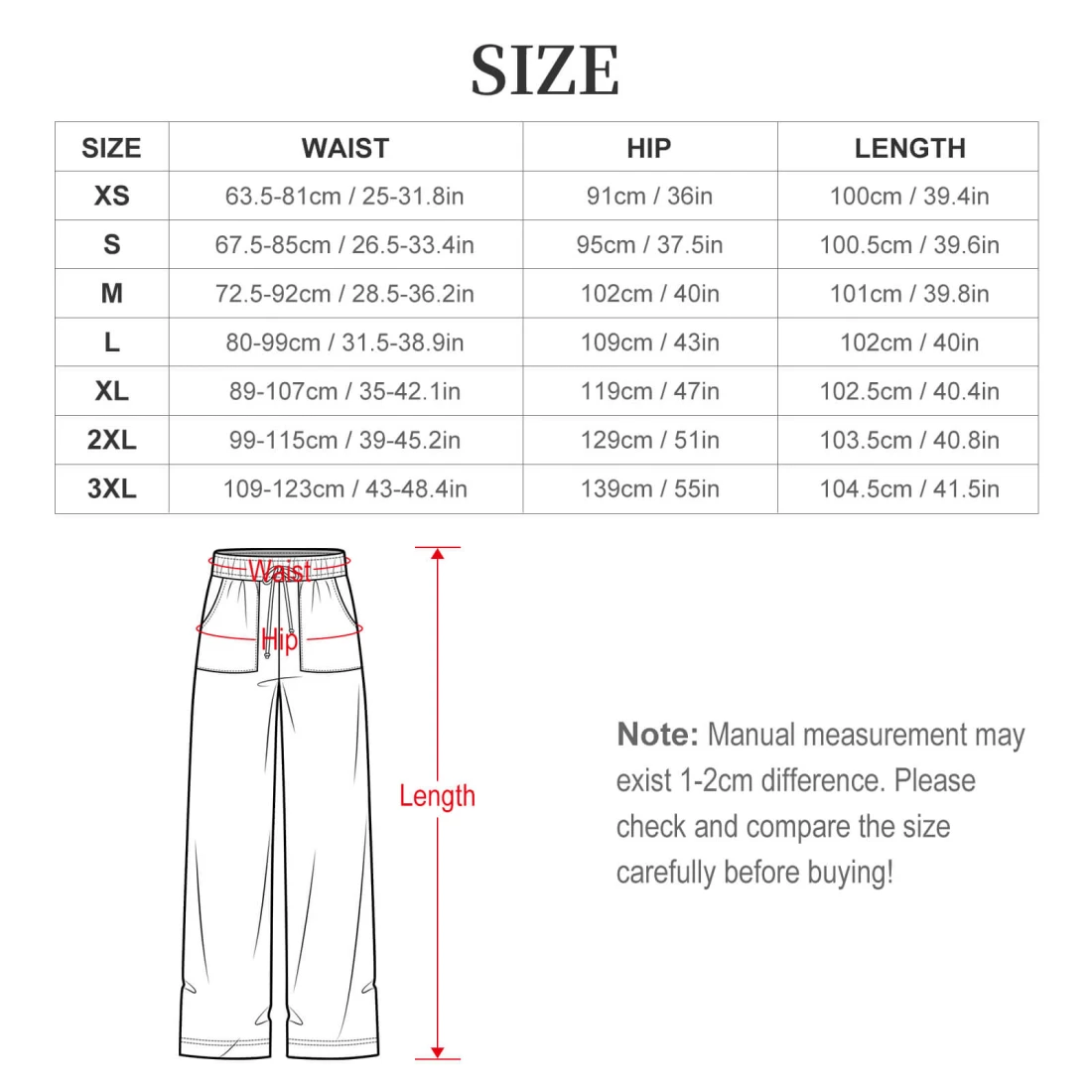Personalized Pants for Her: All-Over Print Wide-Leg Pants size chart