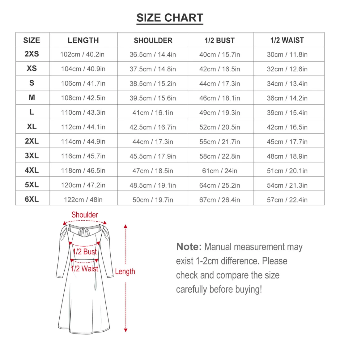 Personalized Sweetheart Dresses for Women, Made With Your Design size chart