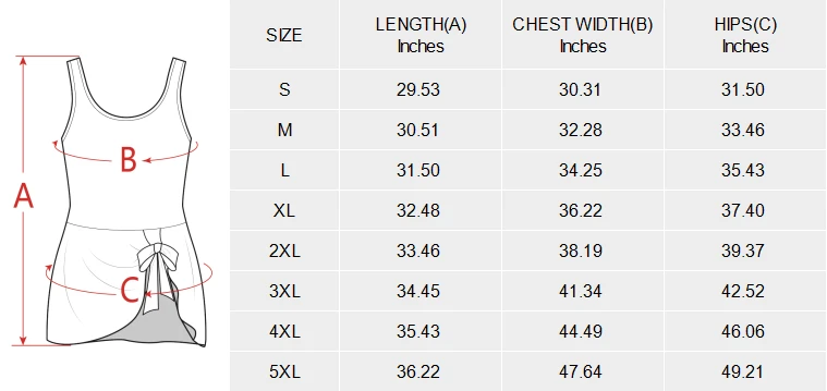 Personalized One Piece Swimsuit with Skirt for Women size chart