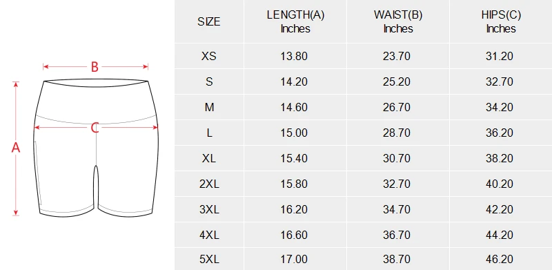 Pocket Yoga Active Shorts with Custom Design, Made to Order size chart