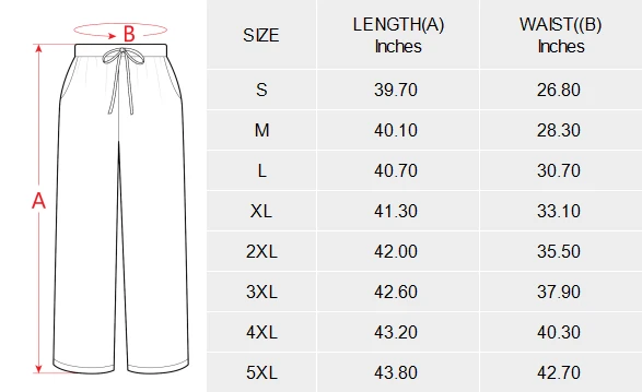 Personalized Long Pajama Pants with Custom Design size chart