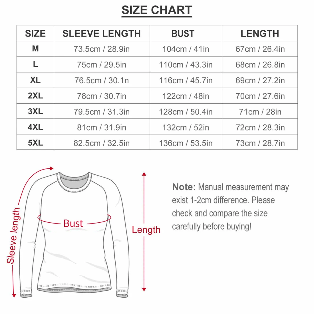 personalized raglan crewneck sweatshirt with your design size chart