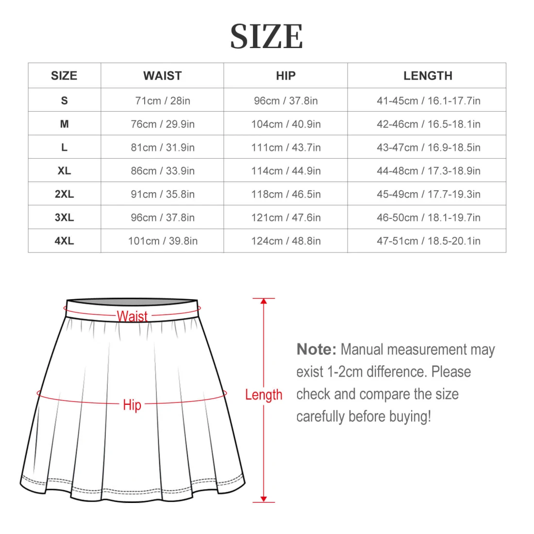 Personalized Skater Skirt for Women With Your Own Design size chart