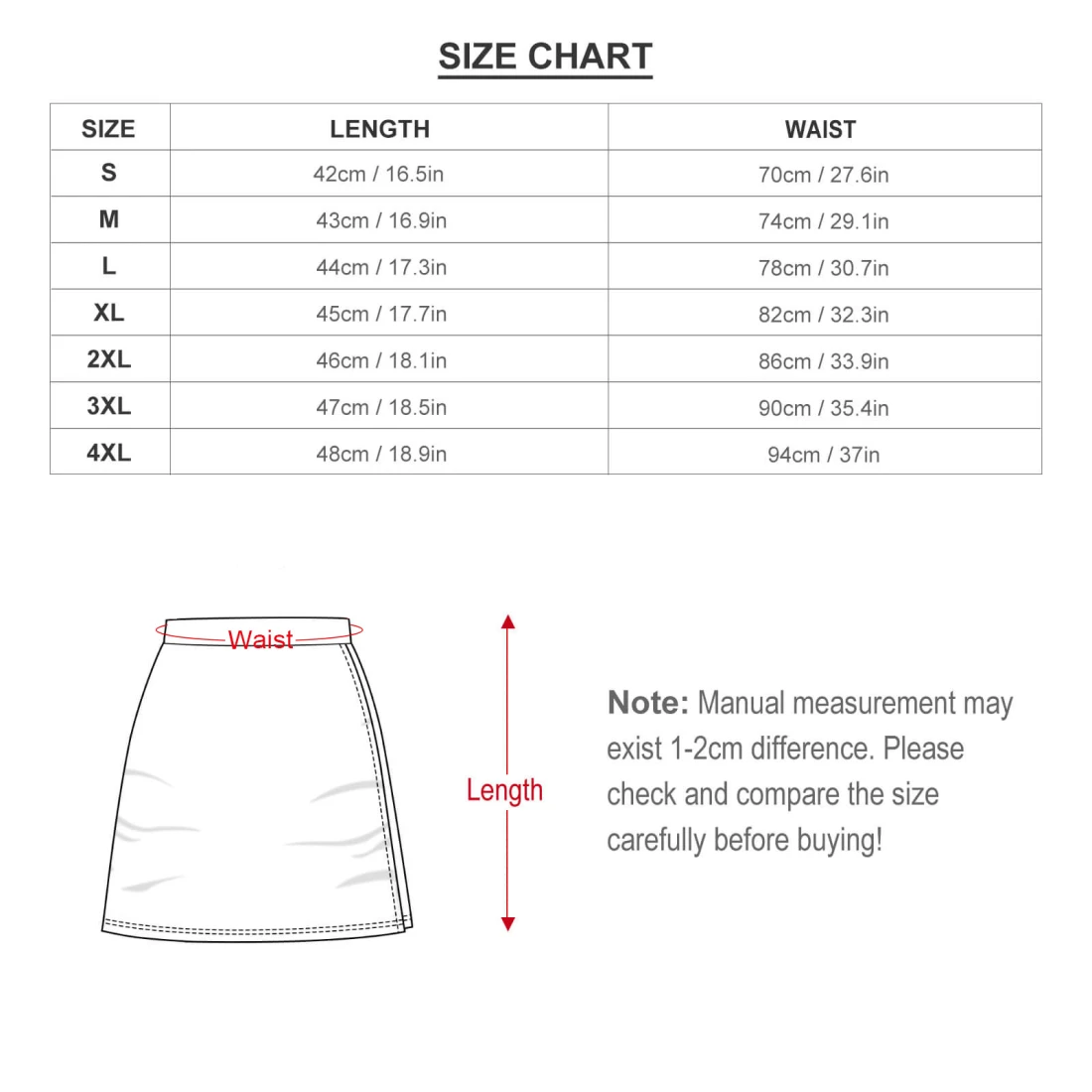 Personalized All Over Print Skirt for Women With Your Custom Design size chart