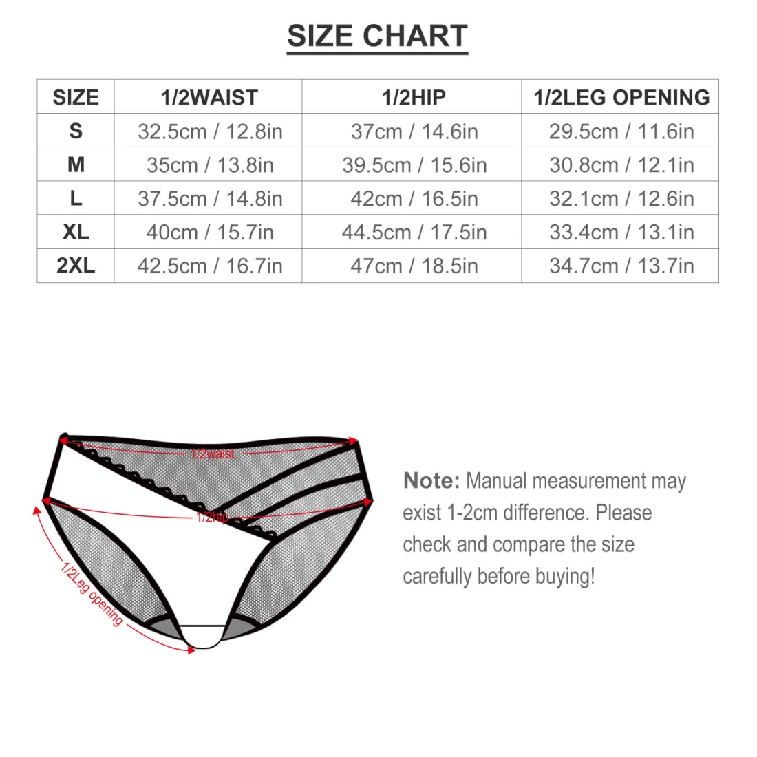 Personalized Sexy Thongs with Your Custom Design size chart