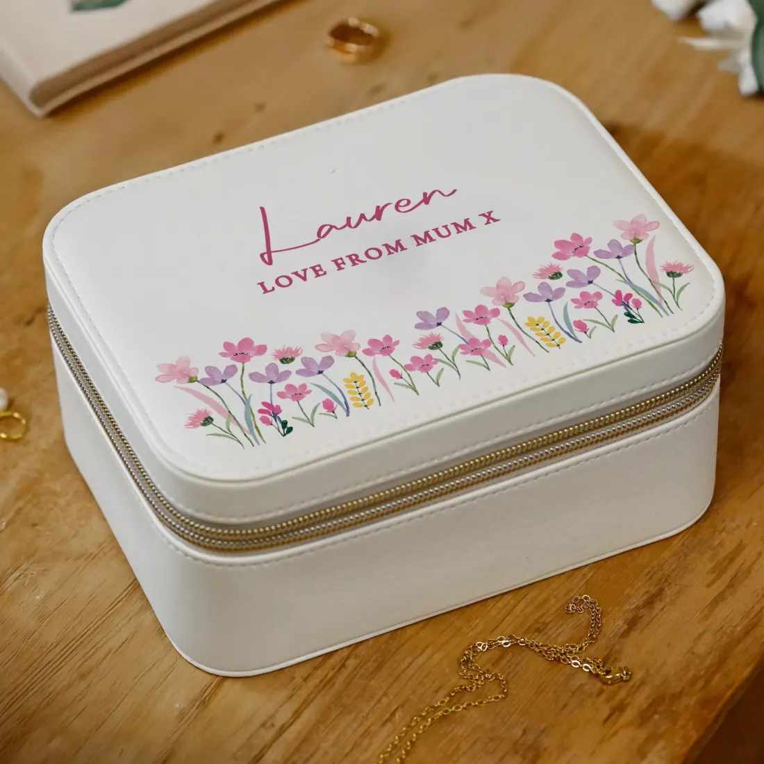 Personalised Floral Travel Jewellery Box, Custom Name Engraved Case, Compact Organiser Gift — photo 6