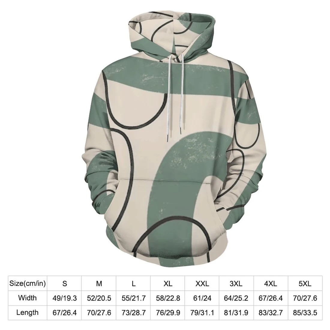 Personalized All-Over Hoodies with a Double-Layer Hood size chart