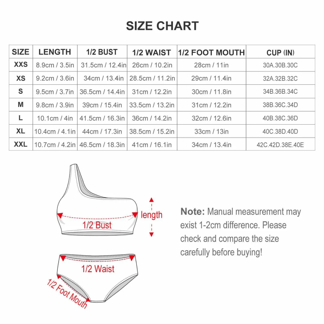 Personalized Bikini Swimsuit with Your Custom Design size chart