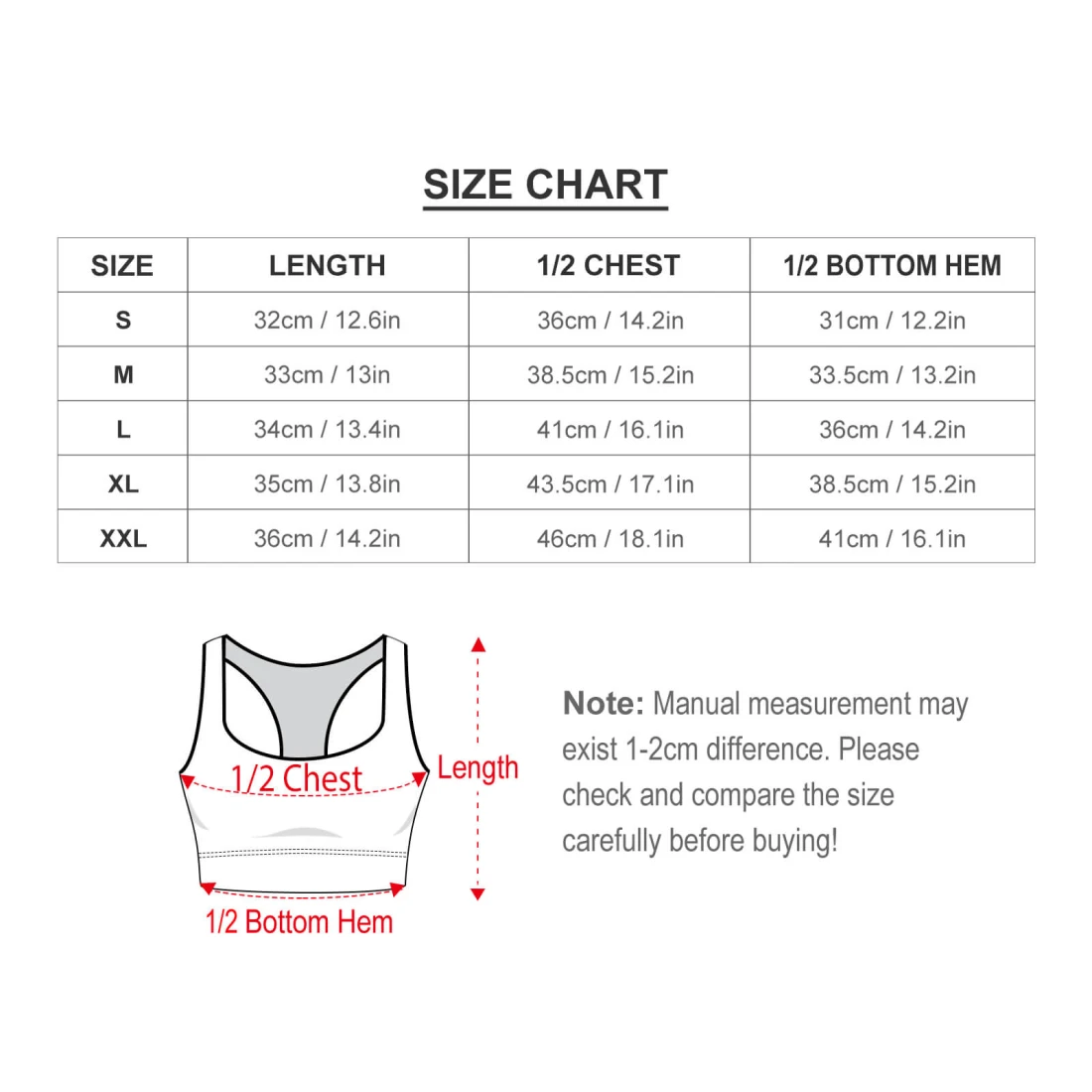 Personalized Yoga Top With Your Custom Design for Women size chart