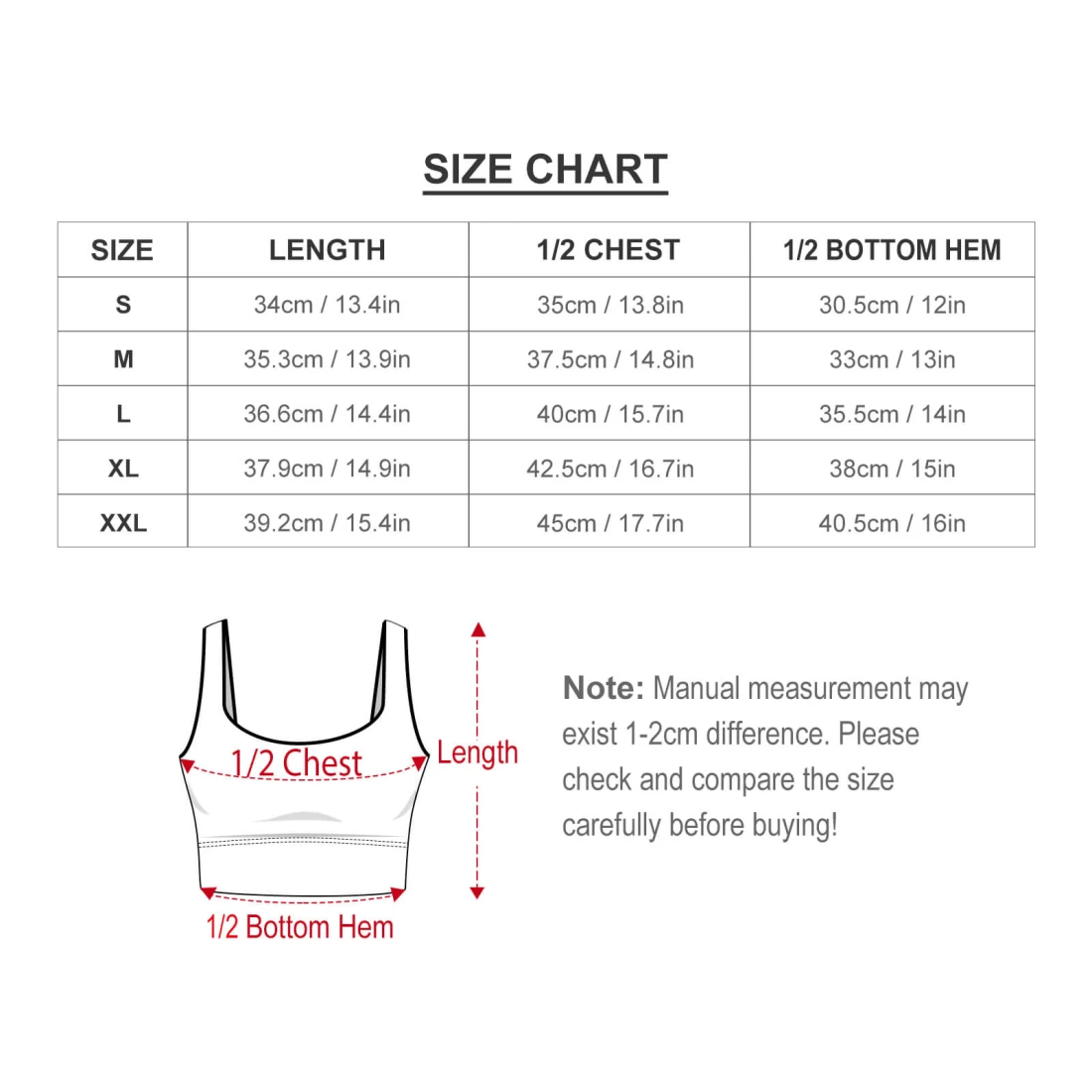 Personalized Yoga Top for Women with Your Custom Design size chart