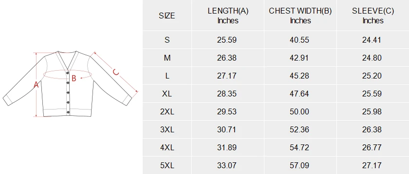 Personalized Cardigan for Her with Your Custom Design size chart