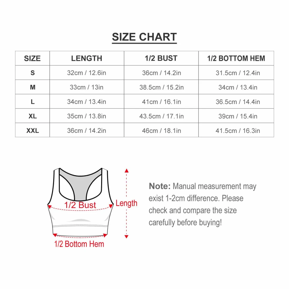 Personalized Yoga Top with Your Custom Design for Women size chart