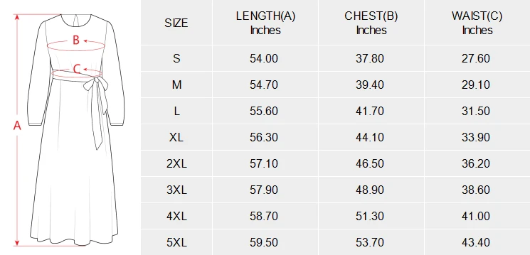 Personalized Maxi Dress with Belt and Full-Length Sleeves size chart