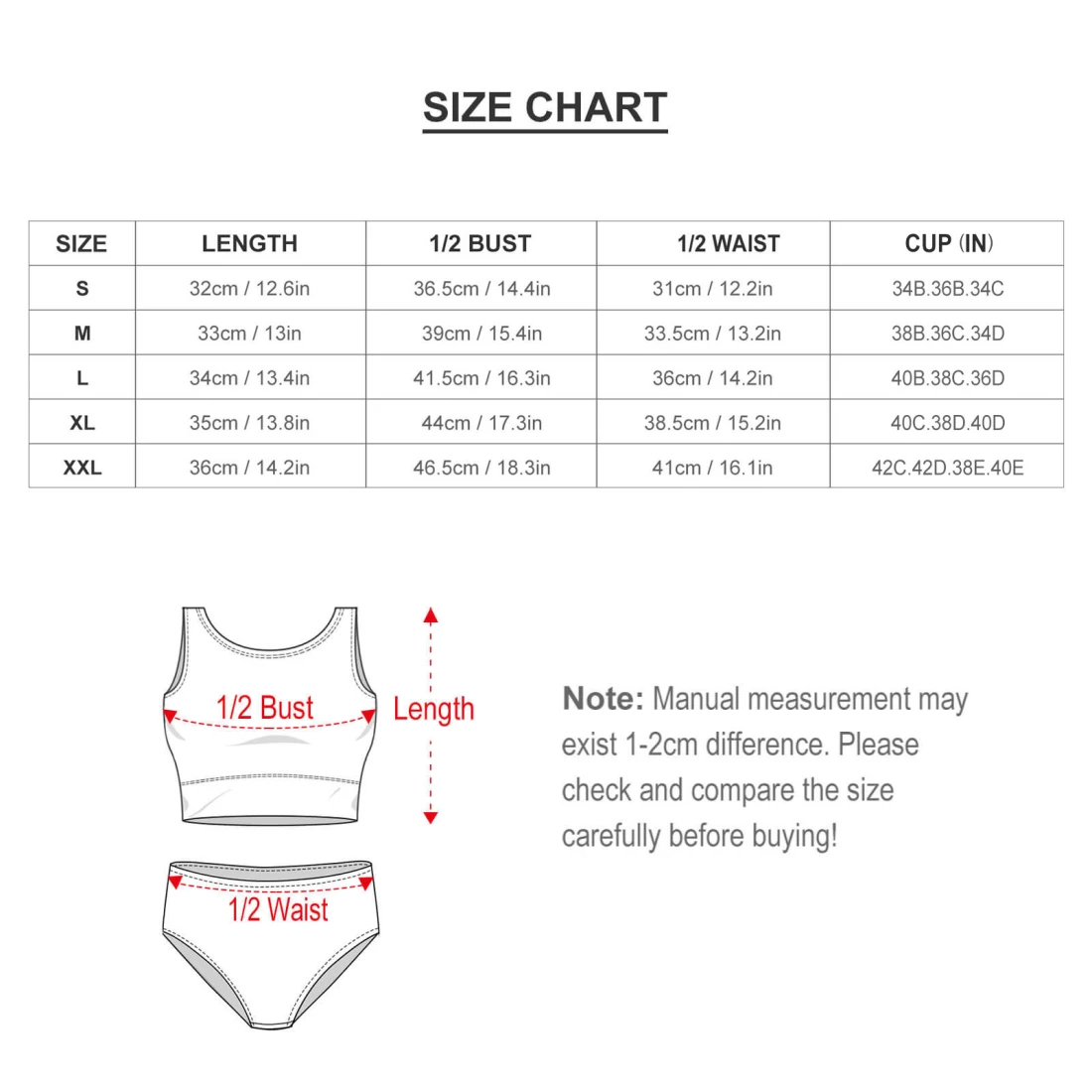 Personalized Bikini Swimsuit With Your Own Custom Design size chart