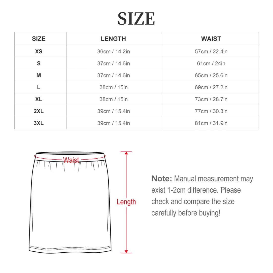 Personalized Mini Skirt for Women With Your Custom Design size chart