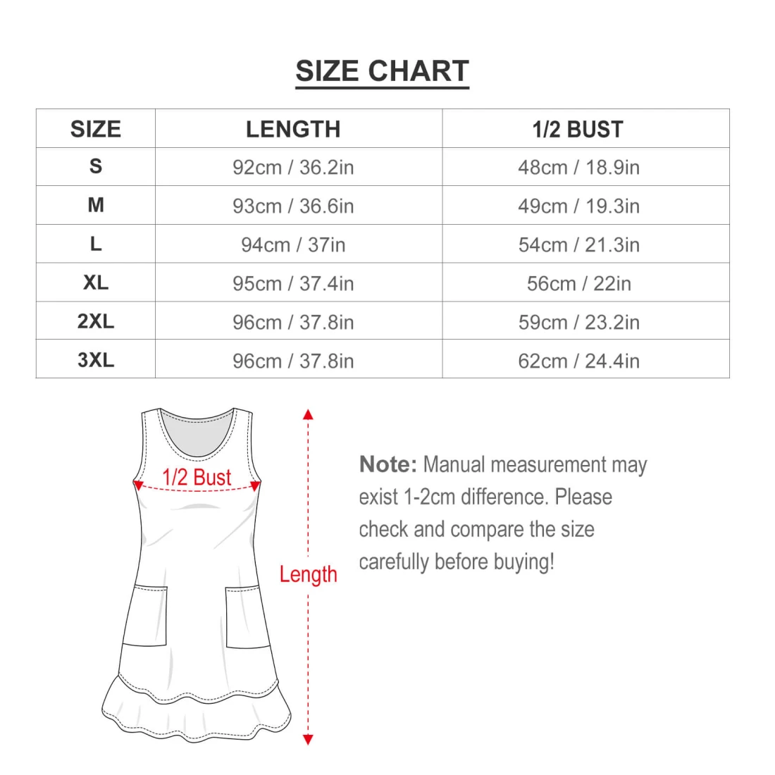 Personalized Dresses: Sleeveless U-Neck Dress for Women size chart