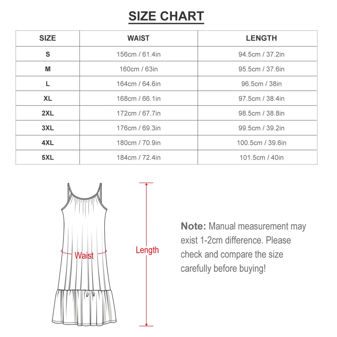 Personalized Suspender Sleeveless Dress: Upload Your Own Design size chart