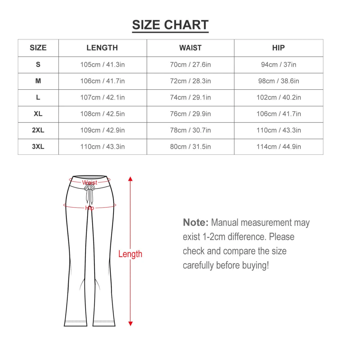 Personalized Pants for Women, Custom Printed Straight-Leg Pants size chart