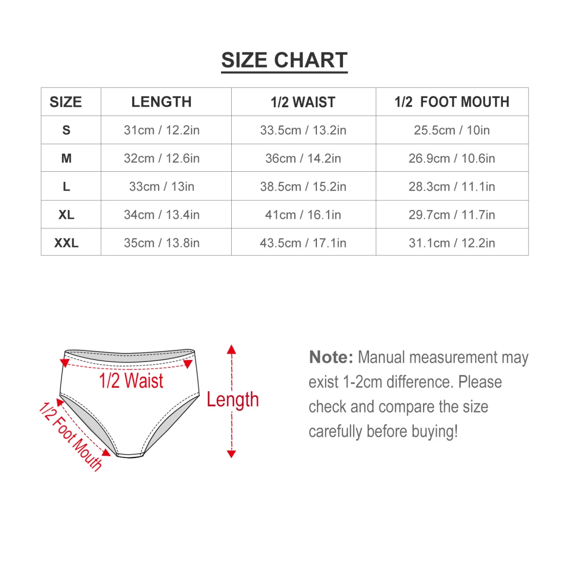 Personalized High Waisted Underwear for Women, Custom Design size chart