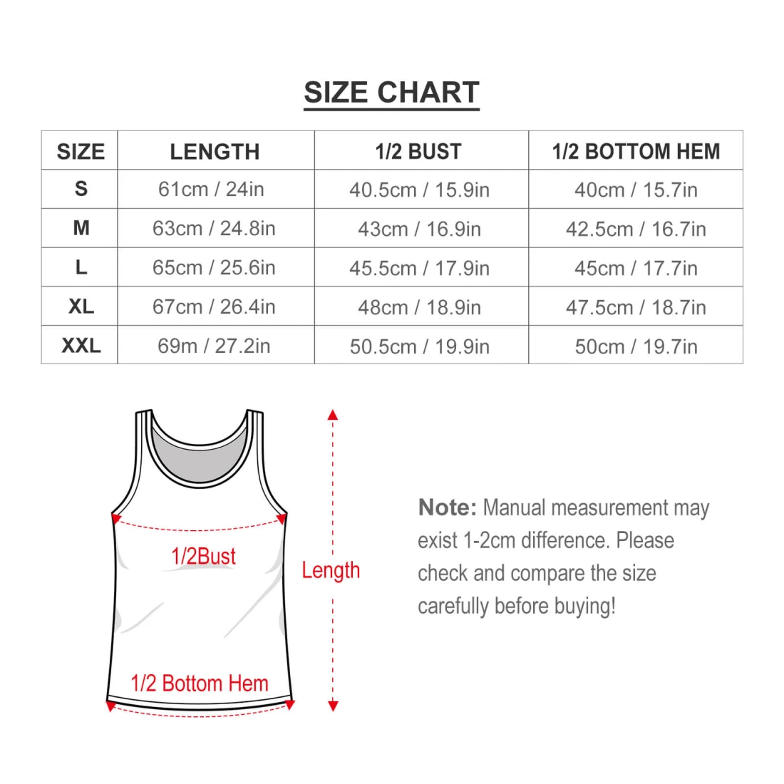 Sleeveless Tank Top for Women with Your Custom Design size chart