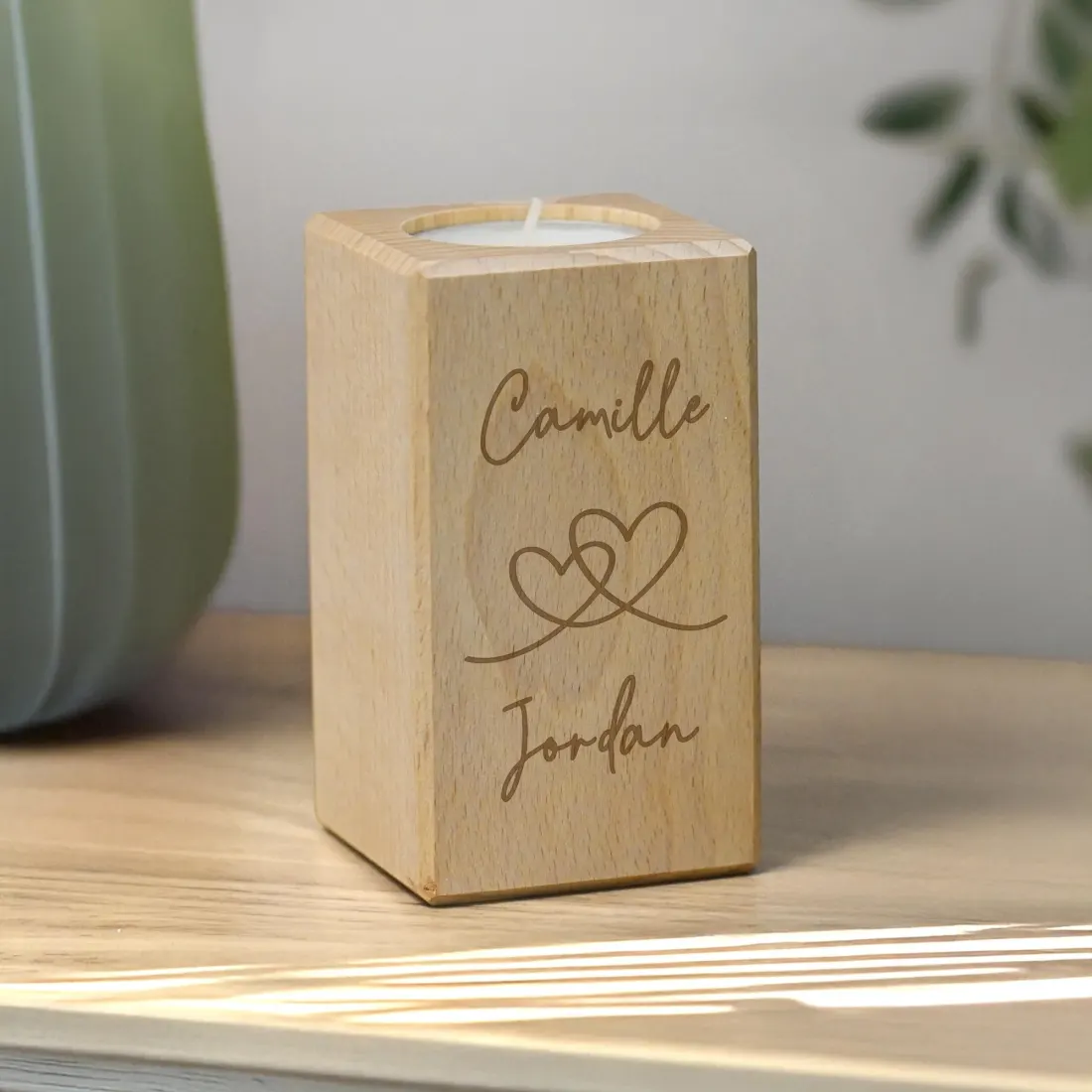 Personalised Wooden Block Tea Light Holder, Engraved Hearts Custom Name Candle Cube — photo 4