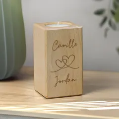 Personalised Wooden Block Tea Light Holder, Engraved Hearts Custom Name Candle Cube thumbnail 4