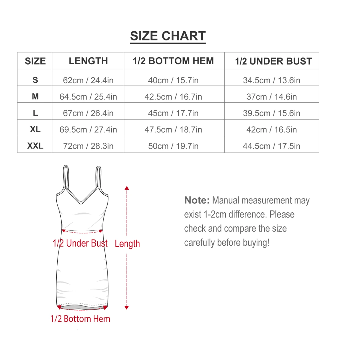 Personalized Sexy Spaghetti Strap Dress with Your Custom Design size chart