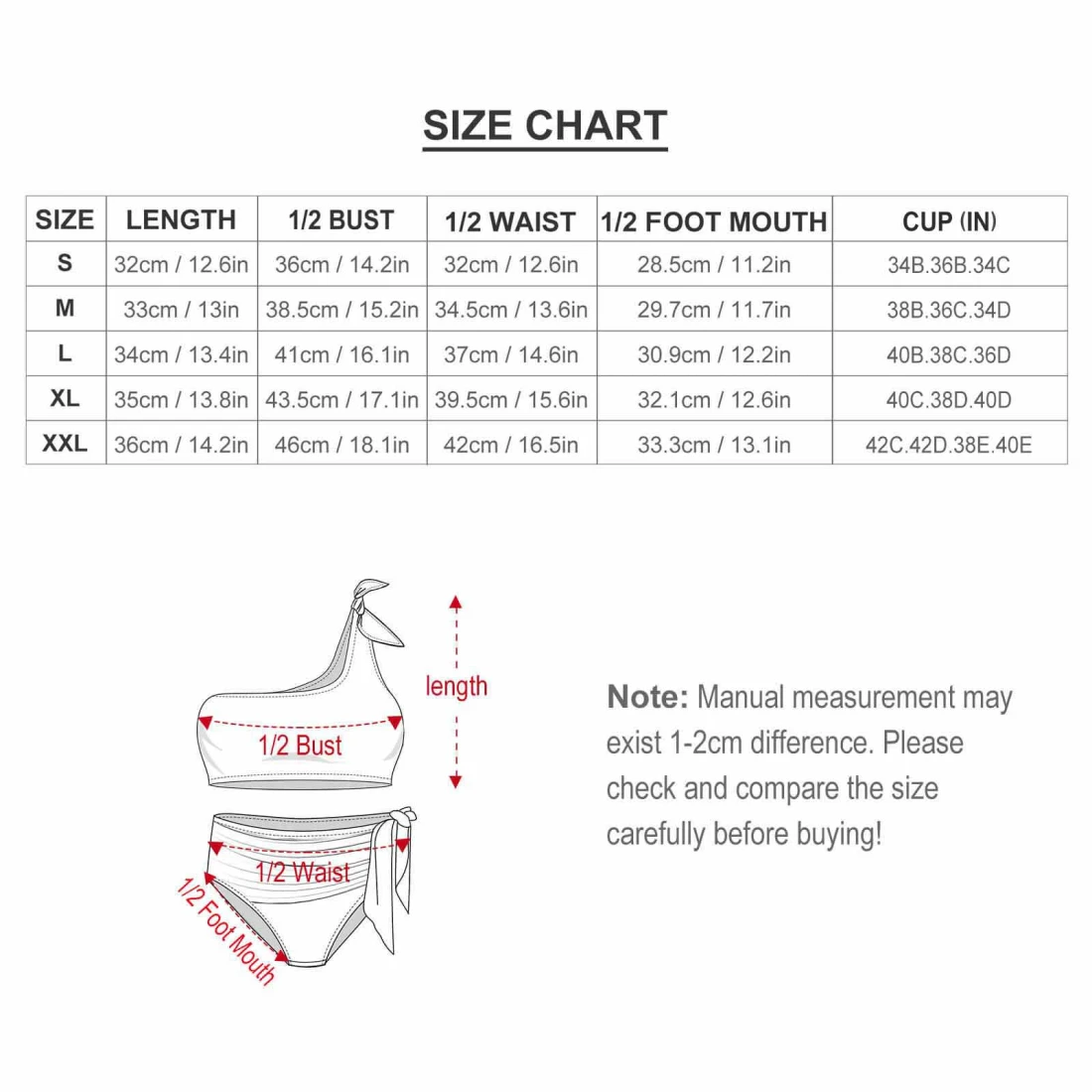 Personalized Bikini Swimsuit With Your Custom Design size chart