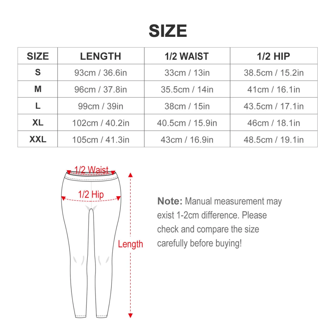 Personalized Yoga Leggings with Your Custom Design size chart